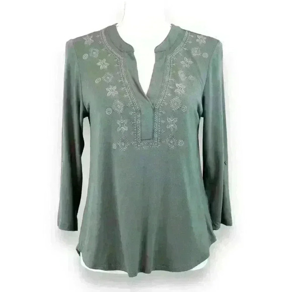 Cable & Gauge Olive Army Green Embroidered 3/4 Sleeve Tunic Size Small - Picture 1 of 8